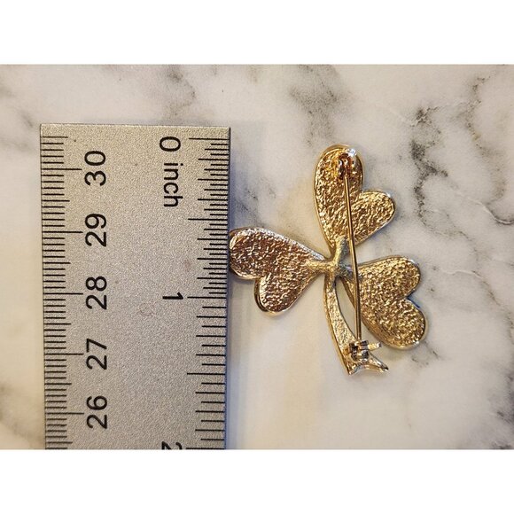 Vintage Gold-Tone Green Glitter Shamrock Clover Brooch Pin Hearts - Picture 3 of 4